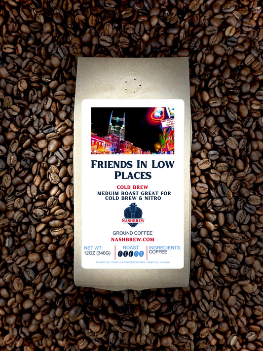 Friends in Low Places - Cold Brew and Nitro Medium Roast OrganicGet ready to hit the low notes with our "Friends in Low Places" Cold Brew, a smooth and organic medium roast that's as cool as the tunes in Music City, Nashville. ThPremium CoffeeNashbrew CoffeeLow Places - Cold Brew